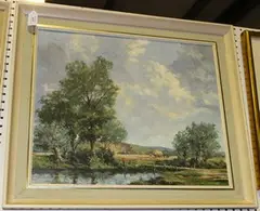 Richard Tearoe, Hay-making by a River, oil on canvas