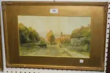 George Oyston, Village Scene with Thatched Cottages and Horse and Cart, watercolour