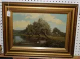 Sidney Yates Johnson, Landscape View with Swans on a River, oil on canvas