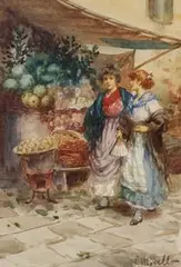 Leonardo Morello, Two Women in Conversation by a Market Stall, watercolour