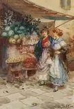 Leonardo Morello, Two Women in Conversation by a Market Stall, watercolour