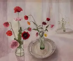 Gillian Whaite, Poppies in Two Glasses, oil on board