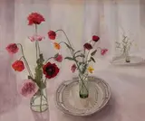 Gillian Whaite, Poppies in Two Glasses, oil on board