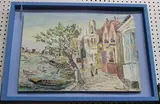 George Hann, Continental Street beside a River, oil on board