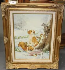 Lesley Hammett, Two Puppies and a Squirrel in a Snowy Landscape, oil on canvas