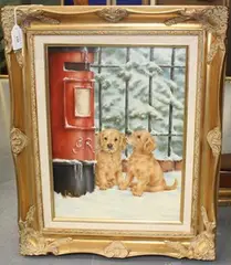 Lesley Hammett, Two Puppies by a Post Box in Snow, oil on canvas