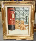 Lesley Hammett, Two Puppies by a Post Box in Snow, oil on canvas