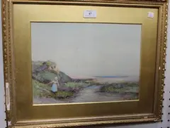Adam Edwin Proctor, A Girl carrying a Basket near a Stream, the Sea Beyond, watercolour
