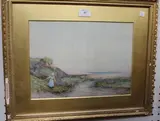 Adam Edwin Proctor, A Girl carrying a Basket near a Stream, the Sea Beyond, watercolour