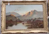 Arthur Needham, Highland View with an Angler fishing in a Loch, oil on canvas
