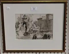 Dennis Page, Bernini Fountain, Piazza Navona, Rome, monochrome watercolour and ink