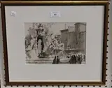 Dennis Page, Bernini Fountain, Piazza Navona, Rome, monochrome watercolour and ink
