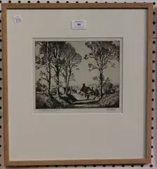 Freda Marston, The Sussex Downs, near Arundel' and 'Winter Sunshine (Hadleigh Suffolk)', a near pair of monochrome etchings, both signed and titled in pencil