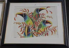 Sally Oyler, Emerald Toucanets eating Erythrina Flowers, watercolour