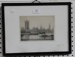 D.H. Clark, Houses of Parliament' and 'Waterloo Bridge', a pair of monochrome etchings, both signed and titled in pencil