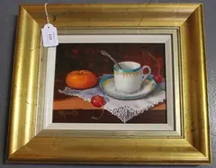 Maimie Gerrard, Still Life Study of a Cup and Saucer, Two Cherries and a Satsuma, oil on board