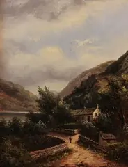 Arthur Gilbert, Cottages by a Lake in a Hilly Landscape, oil on canvas