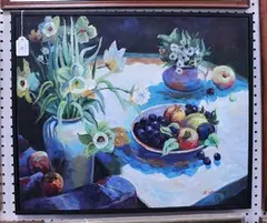 H. Stone, Still Life Study of Fruit and Flowers, oil on canvas