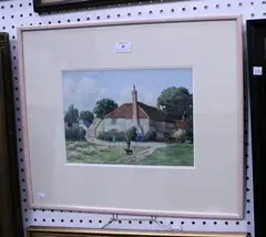 Cyril Muddle, Sussex Farm with Shepherd and Hay Cart, watercolour