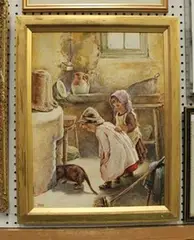 J. Hill, Scullery Interior with Two Girls watching a Cat, watercolour
