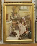J. Hill, Scullery Interior with Two Girls watching a Cat, watercolour