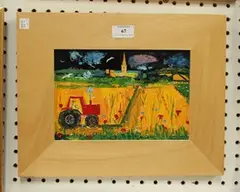 Nigel Purchase, Landscape with Tractor, Chichester Cathedral beyond, oil on board