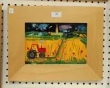 Nigel Purchase, Landscape with Tractor, Chichester Cathedral beyond, oil on board