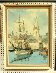Bernhard Laarhoven, Small Fisherharbour at the Channel Coast, oil on canvas
