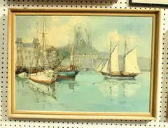 Bernhard Laarhoven, Small Fisherharbour at the Channel Coast, oil on canvas