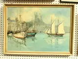 Bernhard Laarhoven, Small Fisherharbour at the Channel Coast, oil on canvas