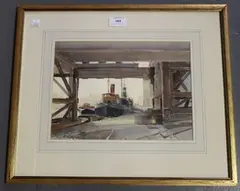 Dennis J. Hanceri, Tugs in Dockland, watercolour with touches of gouache