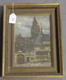 Harold Ashton, View of a Cathedral, oil on board