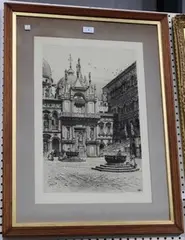 Axel Haig, View of a European Cathedral Square, monochrome etching