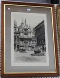 Axel Haig, View of a European Cathedral Square, monochrome etching