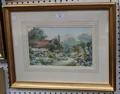 E.A. Swan, View of a Figure in a Cottage Garden, watercolour