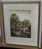 E.A. Swan, Woman at a Duck Pond outside a Thatched Cottage, watercolour