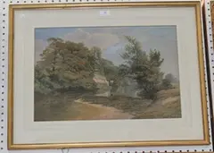 Basil Holmes, Landscape with Figure at a Lake before a House, watercolour
