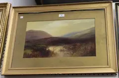 John Shapland, Moorland View with Hills, Heather and Bog, watercolour with gouache