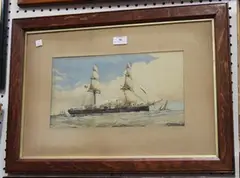 W. Richards, View of a Twin-masted Steamship in Coastal Waters, watercolour