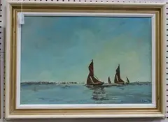 Paul Brown, View of Boats sailing off-shore, oil on board