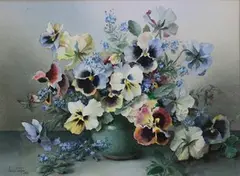 Jack Carter, Still Life Study of Pansies in a Vase, 1982, watercolour