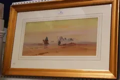 S.E. Hall, Figures riding Camels, watercolour with gouache
