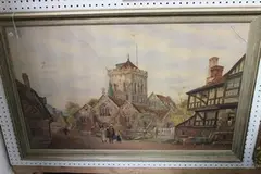 J. Stewart, Figures in a Street outside a Church, watercolour