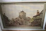 J. Stewart, Figures in a Street outside a Church, watercolour