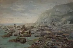 W. Morgan, Coastal View with Children Rock-pooling, oil on canvas