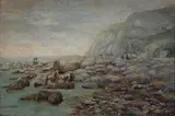 W. Morgan, Coastal View with Children Rock-pooling, oil on canvas