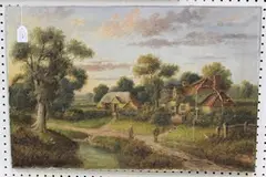 M. Goodman, Rural Scene with Figures outside Cottages, 1909, oil on canvas