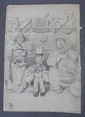 Edward Tennyson Reed, Satirical Scene with Emblematic Figures on a Train, pencil drawing