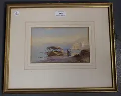 Thomas Leeson Scrase Rowbotham, Continental Coastal Scene with Figures conversing near a Boat, 1870, watercolour