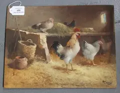 H. Lamos, Chickens in a Coop, oil on panel